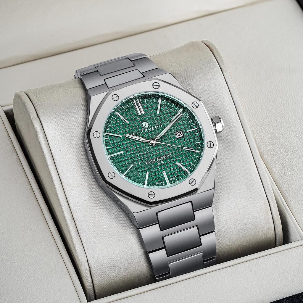 SAPPHERO Octagonal Stainless Steel Waterproof Luminous Wristwatch Luxury Analog Quartz Watch with Date Display Dress Business Watch Casual Luxury
