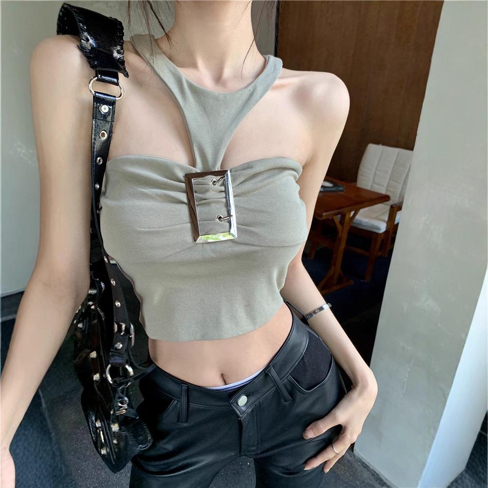 

Шикарный металлический топ-халтер с пряжкой - Женская летняя мода, уличный стиль One size (up to 125 jin) хаки