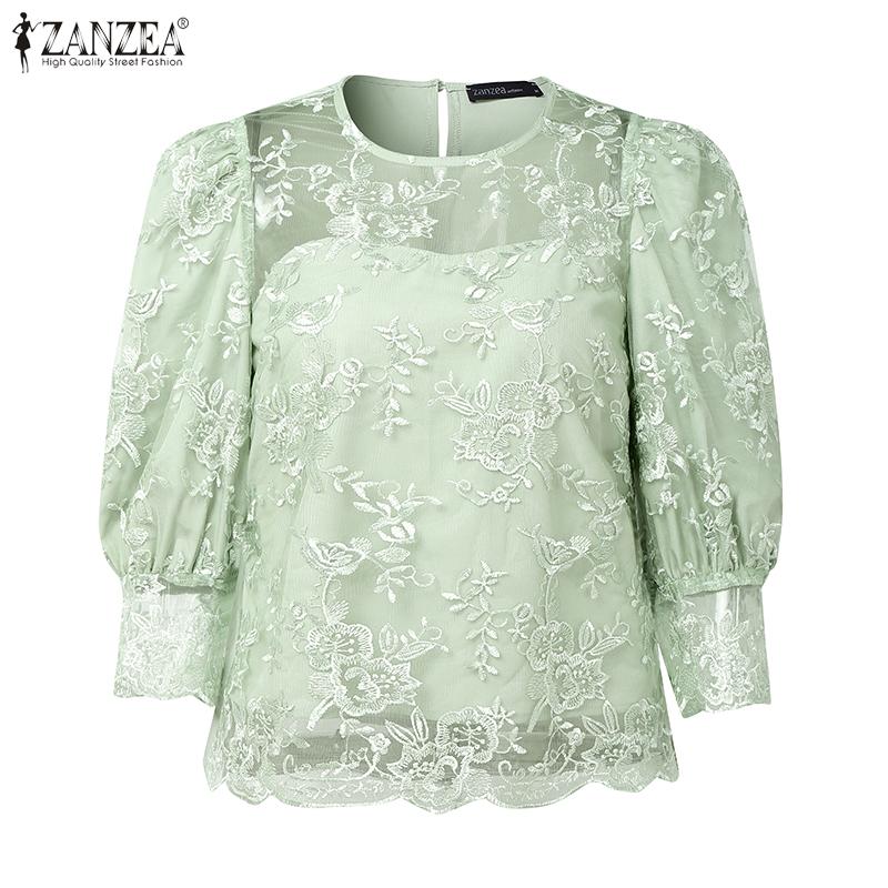 

ZANZEA Women Casual Round Neck Lace 3/4 Sleeve Patchwork Blouse S рожевий
