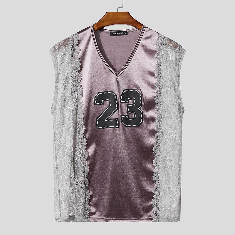 INCERUN Men V Neck Sleeveless Lace Hem Letter Patchwork Casual Tank Tops Undershirts