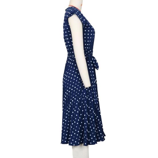 Women Polka Dot Print Midi Dress Crewneck Short Sleeve A-line Dress with Belt Summer