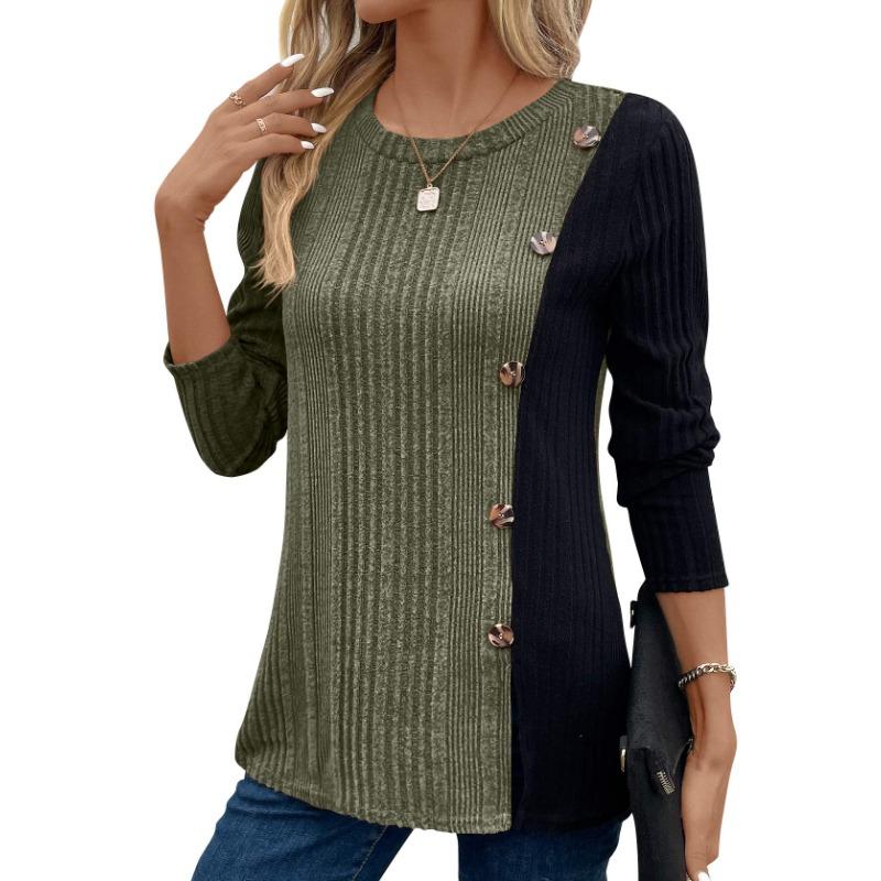 Spring and Autumn Women's Knit Top Colorblocking Button Split Casual Long Sleeve Top Blouse
