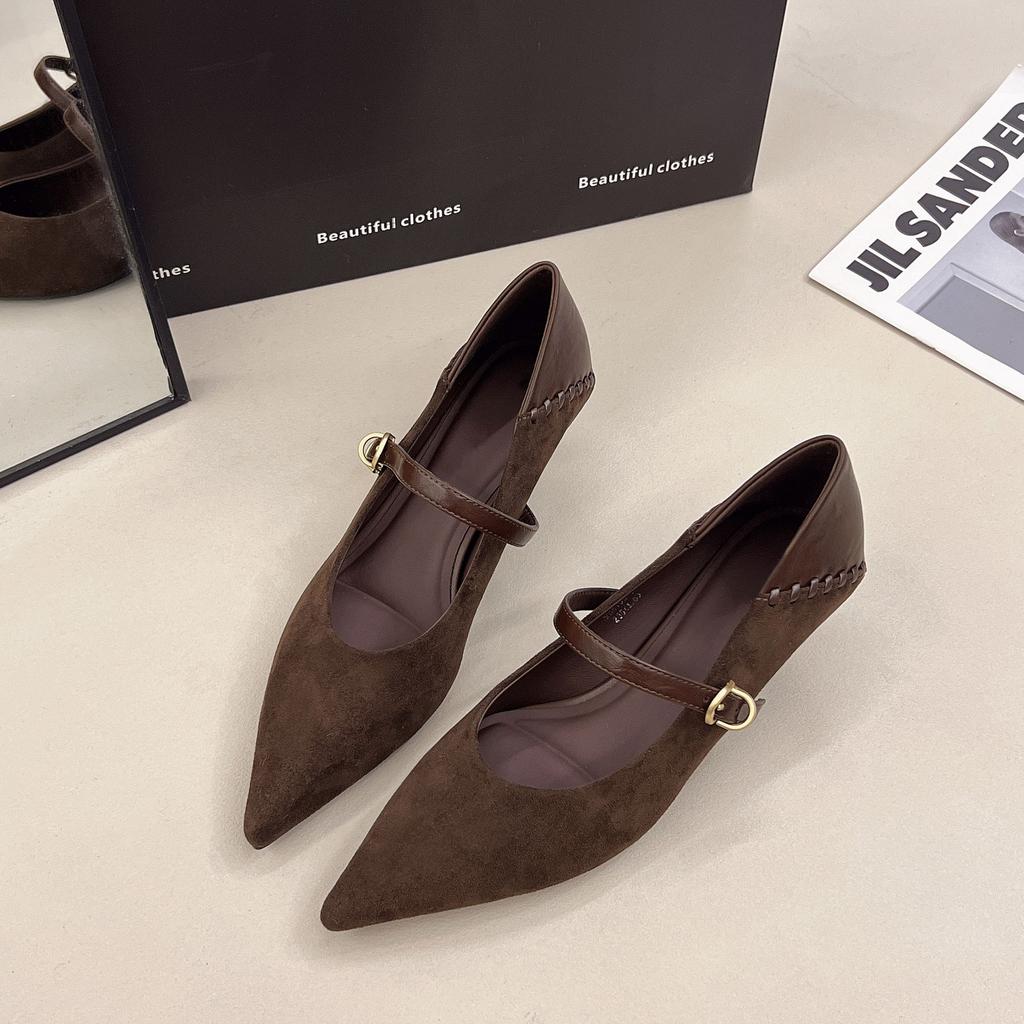 Suede splicing temperament single shoes women's spring and autumn new versatile stiletto pointed one-word buckle outer wear high heels