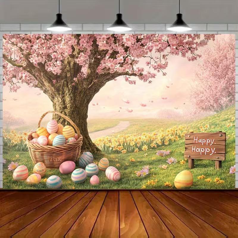 2D Spring Easter Meadow Backdrop, Cherry Blossom Tree & Basket Eggs Party Background