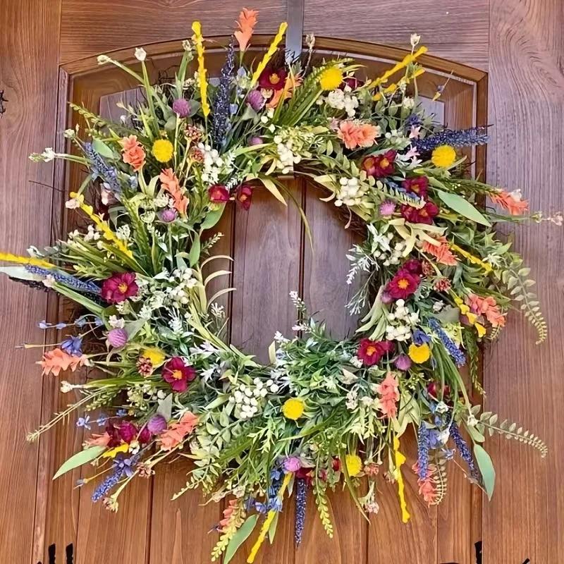 45cm Spring Summer Artificial Wildflower Door Wreath Colorful Multipurpose Decorative Garland for Front Door Home Decor