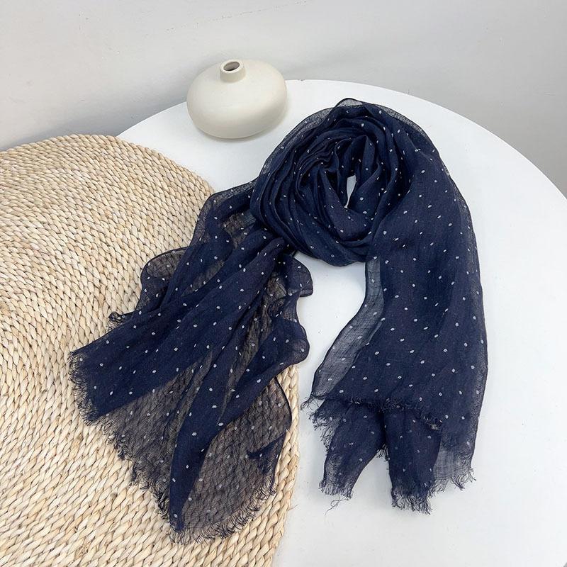 Versatile Navy Blue Polka Dot Scarf Japanese Style Pure Linen Printed Women'S Scarf Beach Sunscreen Silk Scarf