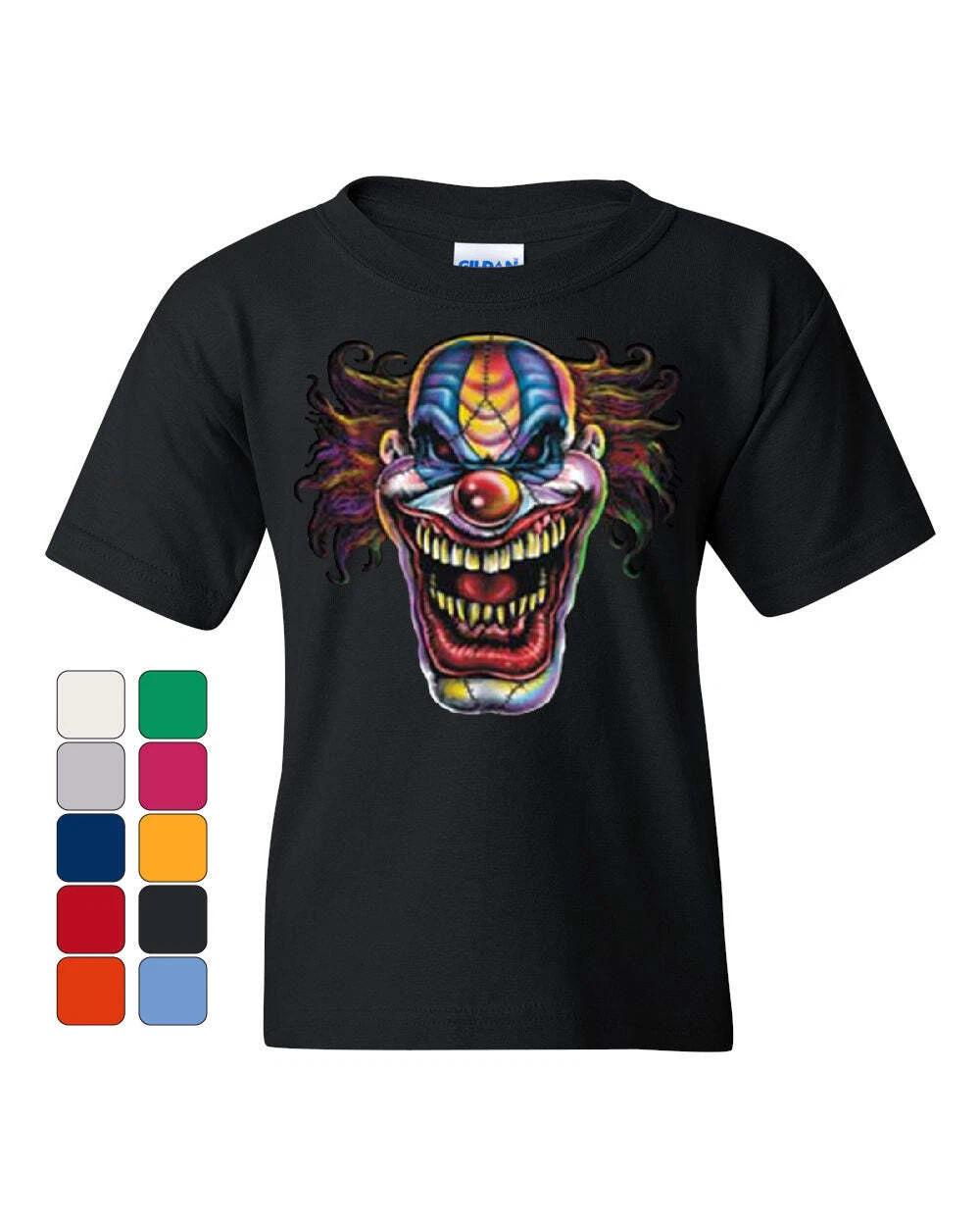 Mad Evil Clown Face Youth kids boys T-Shirt Scary Horror Insane Joker Tee 140
