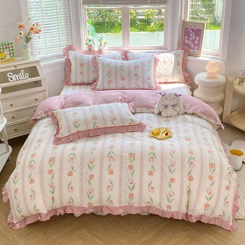 Pink Floral Duvet Cover Set 100% Cotton Korean Style Ruffled Quilt Cover with 2 Pillowcases Skin-friendly Queen Size Bedding Set