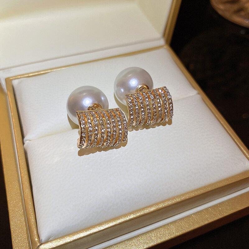 Faux Pearl Two-sided Shell Zircon Earring Elegant Fashion Women Shiny Crystal Imitation Pearl Handmade Earrings Party Jewelry Gift