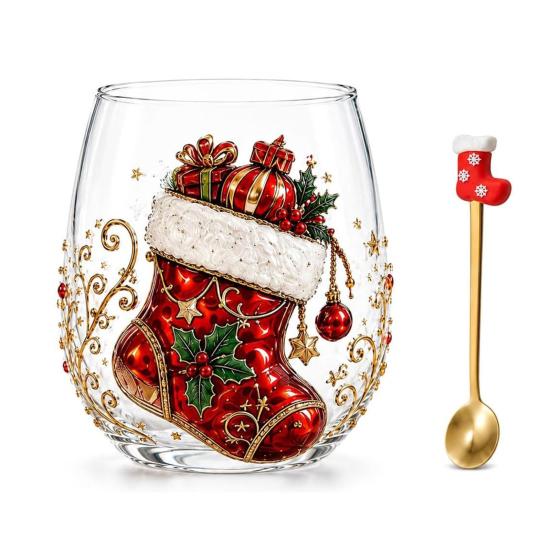 Retro-Stil Feiertagsgeschirr Weihnachts-Glaskunstbecher mit Löffel, Klassischer handbemalter Borosilikat-Design-Becher mit Weihnachtsmann, Rentier, Schneemann, Glasware