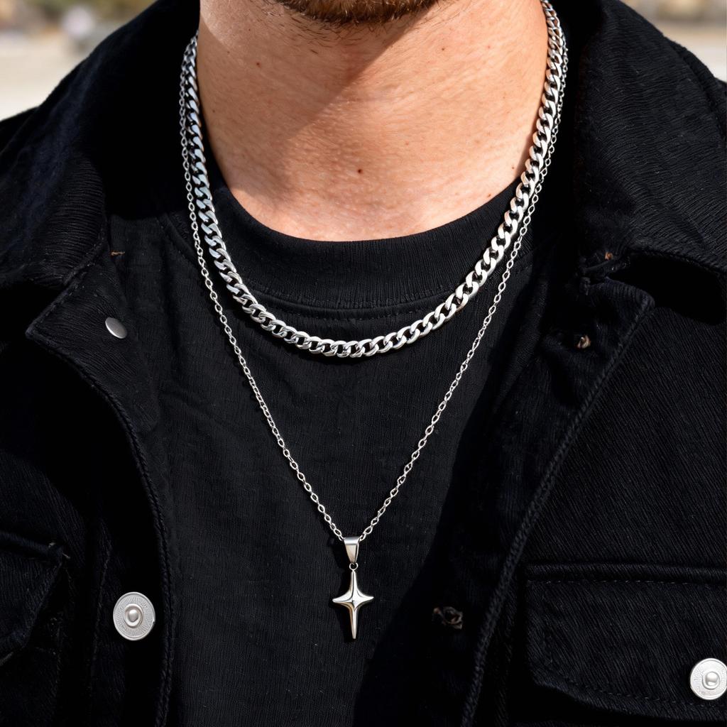 Simple Trendy Star Pendant Necklace, Silver Color Stainless Steel Choker for Men Fashion Party Punk Jewelry Accessories
