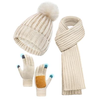 Wintermütze Schal Handschuh Set für Damen, Fleecegefütterte Thermodamenmütze mit Bommel, Langer Strickschal, Touchscreen-Handschuhe mit Anti-Rutsch-Funktion