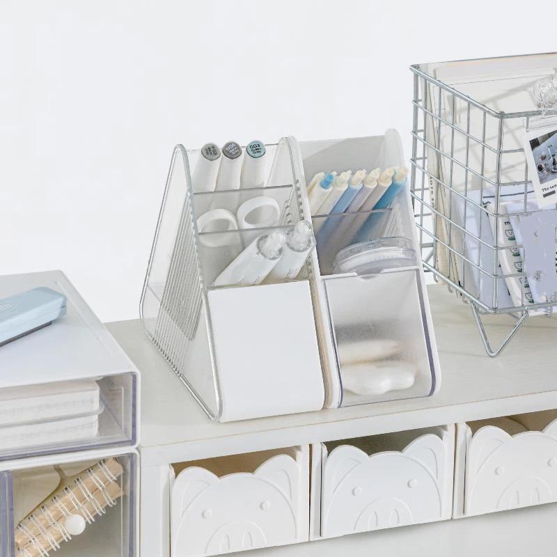 Plastic Slanted Pen Holder Multi Compartments Clear Slots Durable Desk Organizer for Home Office School Student Stationery Storage