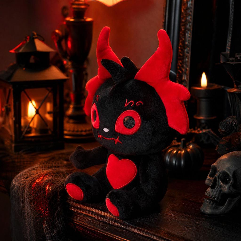 Gothic Devil Plush Doll Halloween Decor - Black Stuffed Animal Toy with Red Horns and Heart, Plush Gift