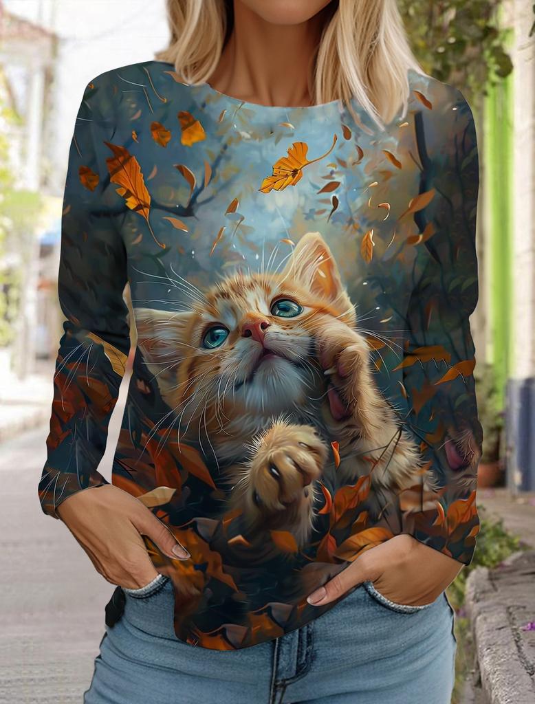 Felpa da Donna Designer Girocollo Manica Lunga Moda Casual Carina Gatto Animale Stampa Modello Top