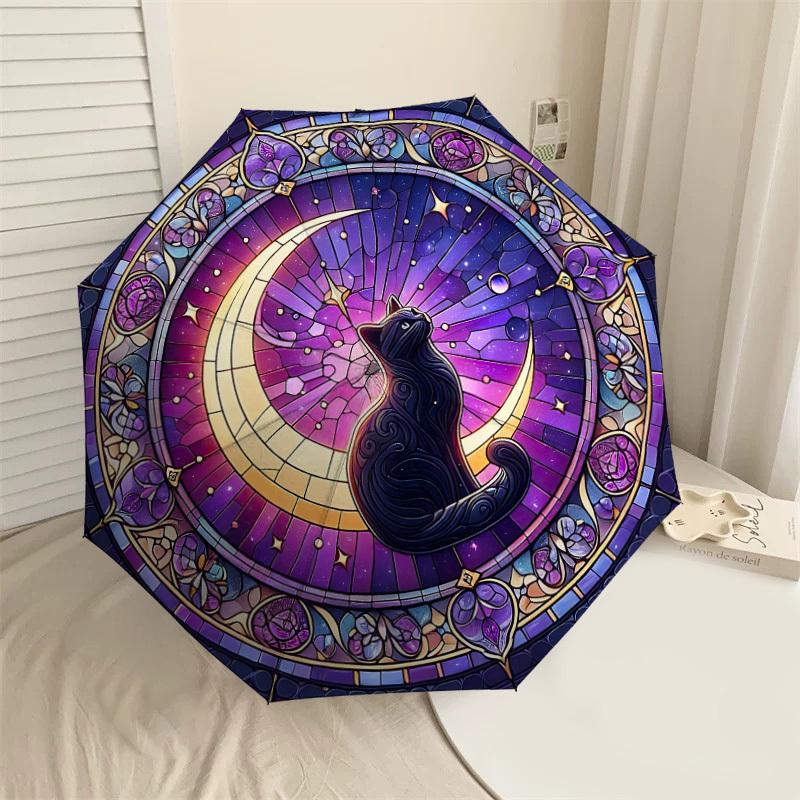 

1PC stained glass window moon cat Umbrella-8-Rib Reinforced, Automatic Open, Lightweight & Durable, Cute Fashion Accessory for Outdoor-W9235