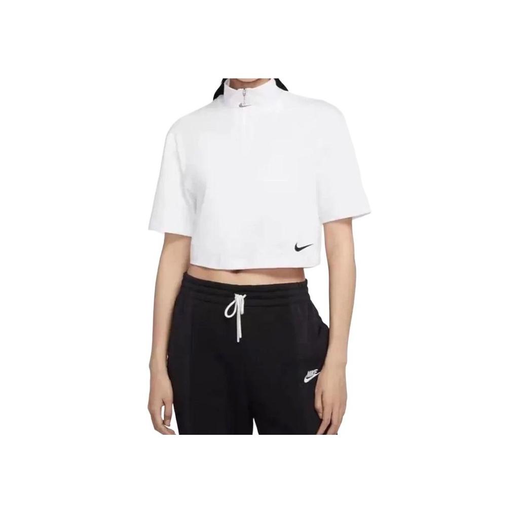 Nike Logo Print Stand Collar Short Sleeve T-Shirt Women Tops White CJ3800-100