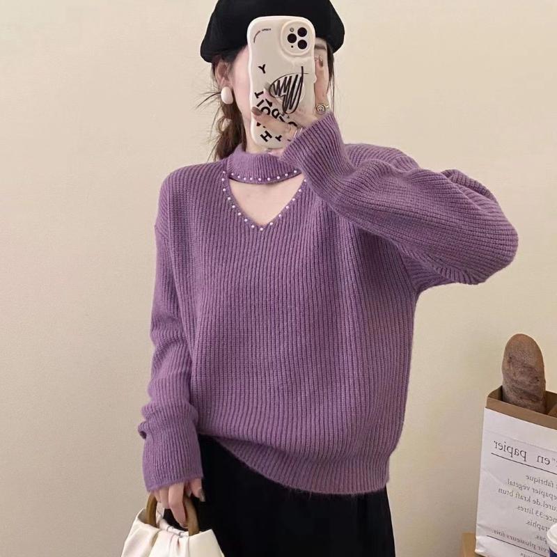 

Дизайн воротника свитер пуловер женский повседневный милый горячий свитер 2022 зима o-образный вырез однотонный длинный рукав пуловер свитер женский топы One Size фиолетовый