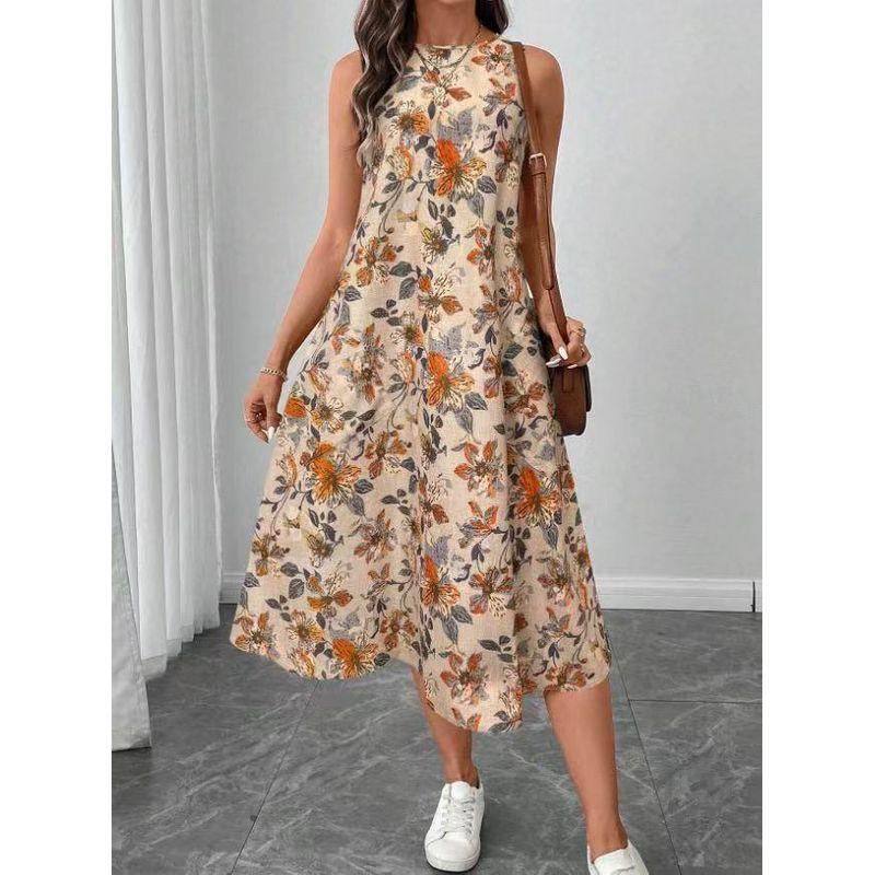 

Sweet European Summer New round Neck Small Floral A- line Fashion Pocket Mid-Length Sleeveless Vest Dress Dress Earthy yellow S