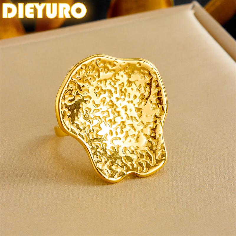 DIEYURO 316L Stainless Steel Golden Irregular Hammer Pattern Adjustable Ring Womens Fashion New Finger Ring Jewelry Gift Party