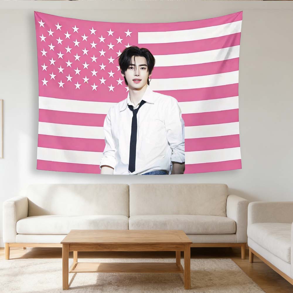 Park Sunghoon Pink American Flag Tapestry Kpop Idol Flat Print Wall Hanging Fan Merch Decor for Bedroom Dorm Concert