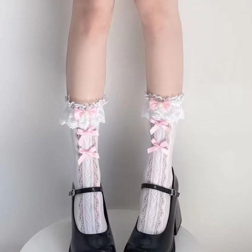 Lolita Cotton Kneehigh Socks With Lace Trim And Pearl Bows For Girls