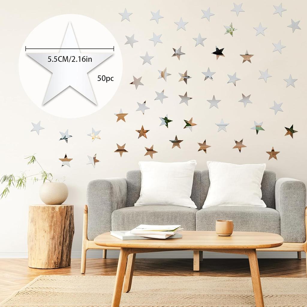 Lnrkai 50 PCS Stars Mirror Wall Stickers, 3D Acrylic Modern Silver Star Wall Decor, DIY Self-Adhesive Wall Art for Living Room, Bedroom, Bathroom,