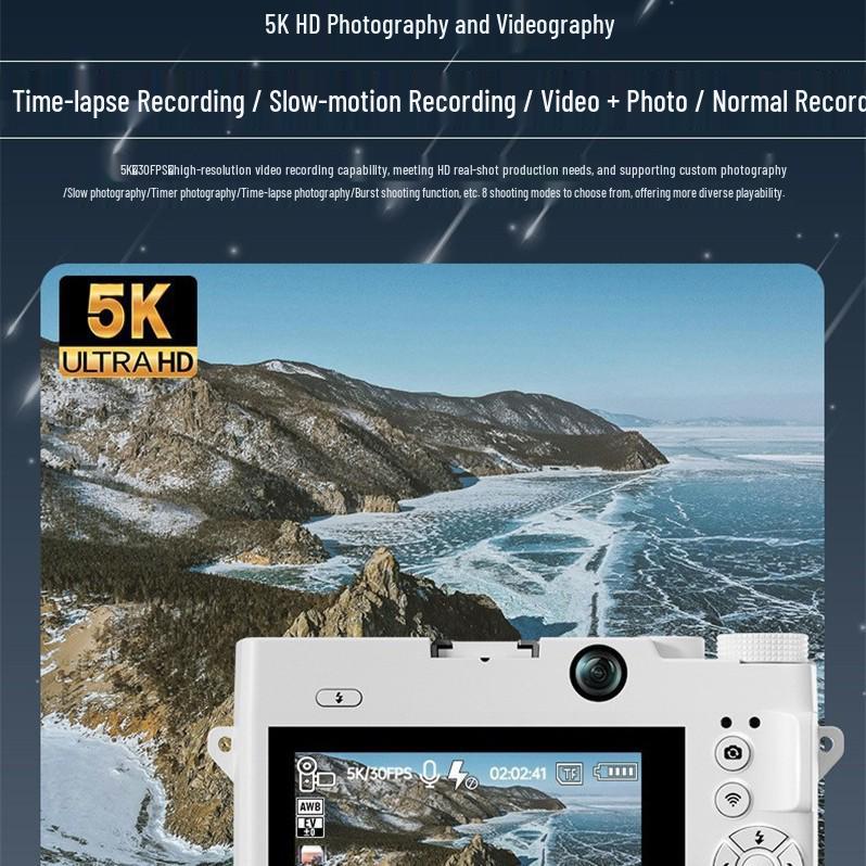 WD07 Mirrorless Digital Camera, 8MP, HD 5K, Dual Front and Rear Cameras, Beauty Self-timer.