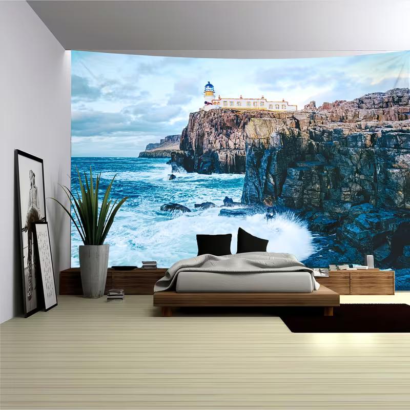 2D Neist Point Lighthouse Tapestry Rocky Coastline Ocean Waves Wall Hanging 47.2x31.5inch/120*80cm