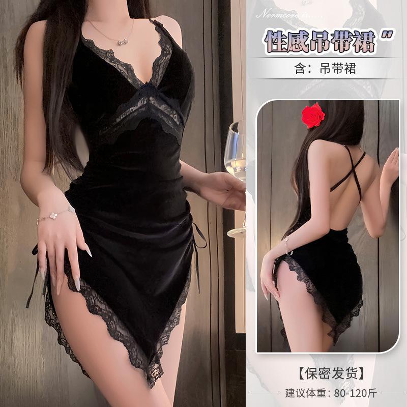 Sex underwear deep V suspender lace suspender nightdress waist drawstring hip wrap nightclub velvet skirt temptation suit