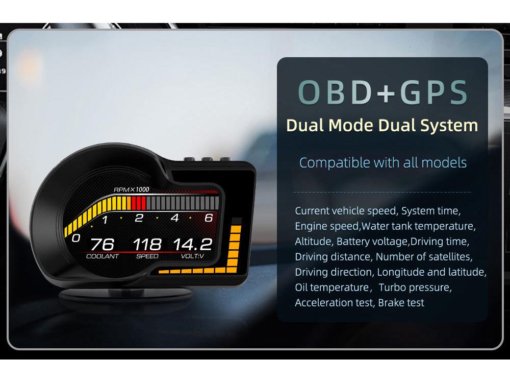 F15 Car Mod HUD: OBD Display for Speed, RPM, Water & Oil Temp, Fuel Consumption, Turbo & Clock