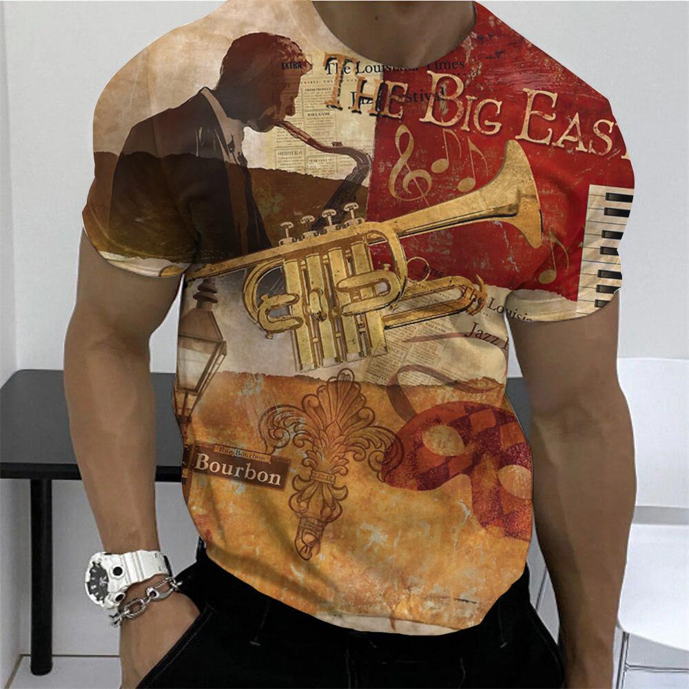 Camisetas estampadas de verão para homens, instrumentos musicais clássicos, gola redonda solta, manga curta, tops diários, roupas masculinas de hip hop