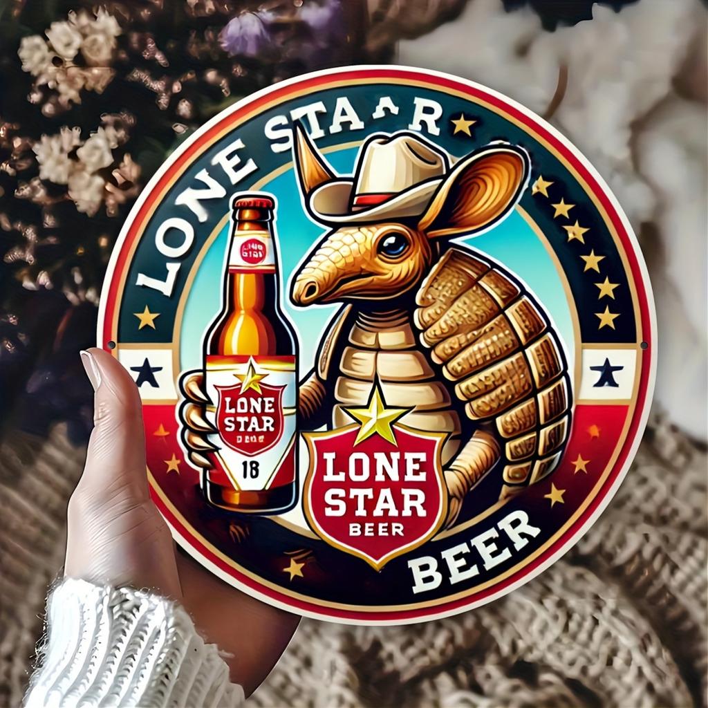 1pc Lone Star Armadillo Beer Wooden Sign, 8x8 Inch Vintage Circle Wall Art, Durable, Weatherproof, No Fade, Perfect for Home, Office, Bar, Cafe Decor