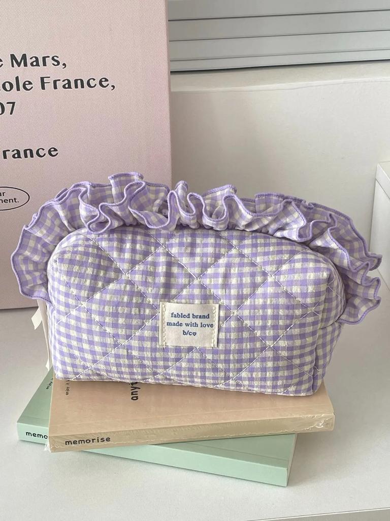 Kontrastfarbene Karomuster Damen Kleine Aufbewahrungstaschen Beutel Geldbörse Damen Kosmetiktasche Handtaschen Süßes Spitze Damen gesteppte Kosmetiktasche