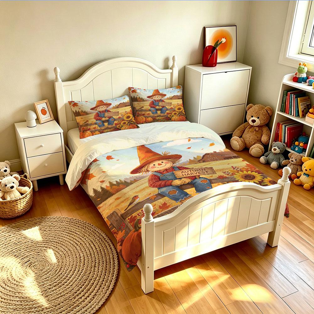 Fall Scarecrow Pumpkin Sunflower 3Pcs Duvet Cover Set Rustic Thanksgiving Farm Aesthetic Bedding Set