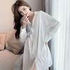 Damen Sommer Chiffon Nachthemd - Boyfriend Stil, Langarm, Weiß, Leicht, Frühling/Herbst