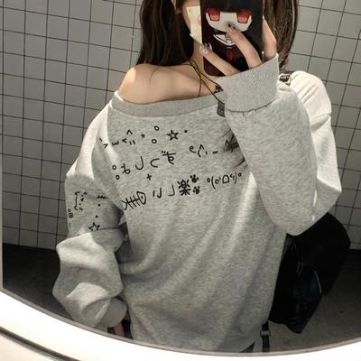 Moletom Casual Design-siding para Mulheres na Primavera e Outono Novo Top Solto nos Ombros para Mulheres