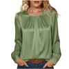 Women's Casual Pleated Long Sleeve Satin Blouse with Round Neck for Everyday Wear