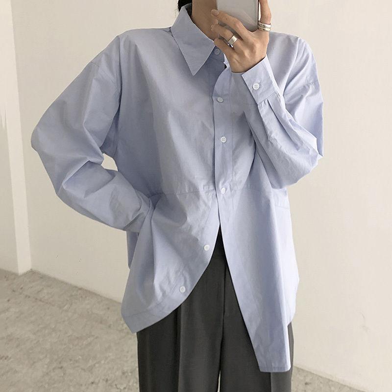 Korean chic autumn niche simple lapel irregular single-breasted loose solid color bubble sleeve shirt top women