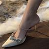 2025 Summer New Pointed Rhinestone High Heel Fine Heel Champagne One Word with Sandals Half Drag Cool Slippers Outer Wear Women