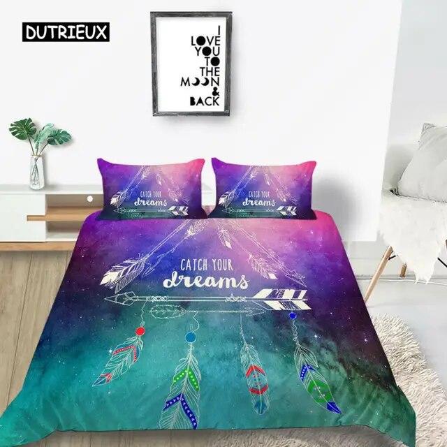 Dream Catcher Duvet Cover Set Kids Bohemian Mandala Boho Chic Feather Bedding Set Full Size Tie Dye Purple Polyester Duvet Cover three-piece set