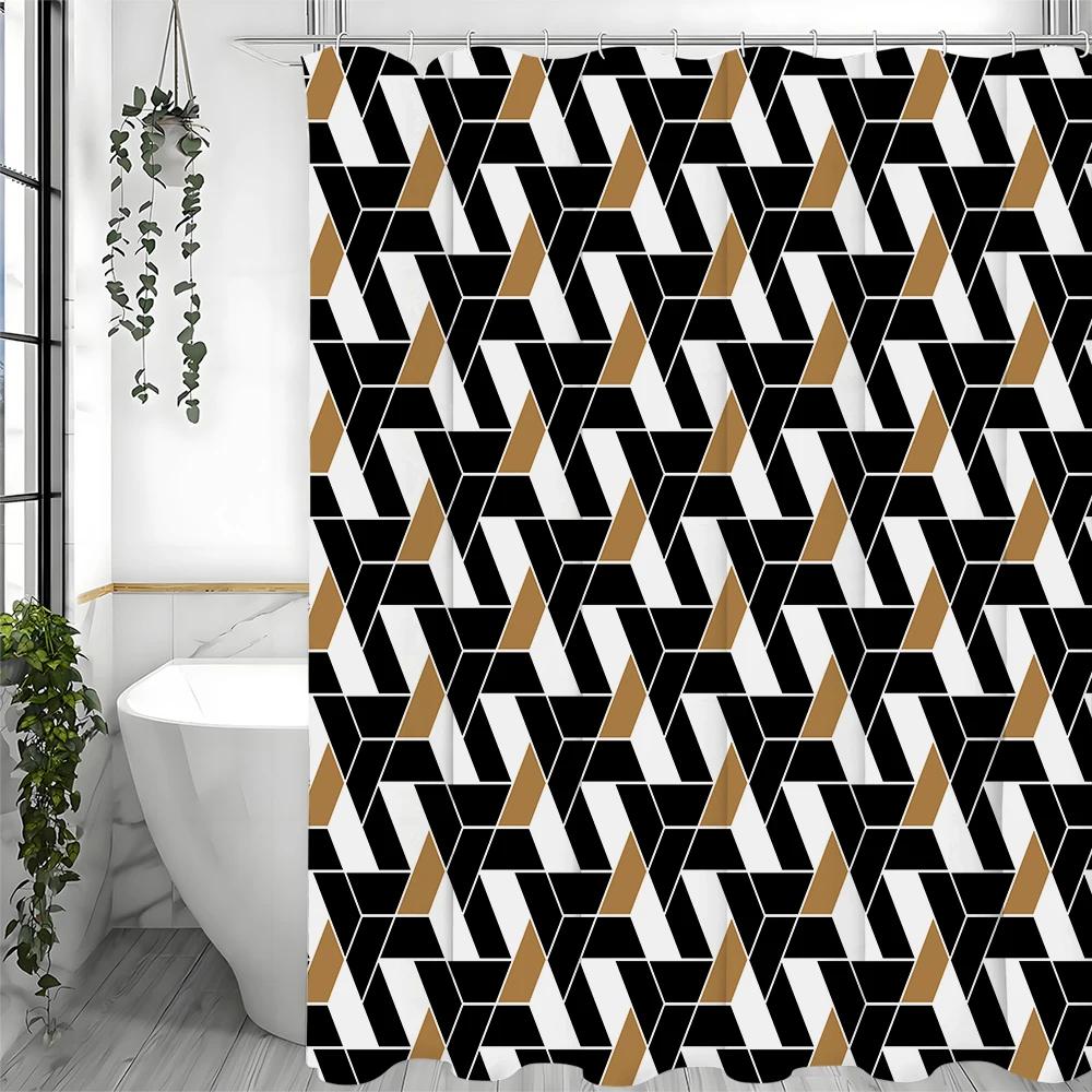 Modern Creative Geometric Pattern Black Brown Shower Curtain, Bathroom Decorative Shower Curtain, Waterproof Shower Curtain With