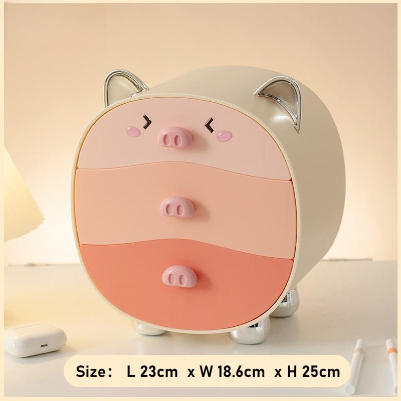 Cute Pig Desktop Storage Box Organizer Cute 2 Drawer Office Work Gadgets Hair Accessories Hairband Hairpin Desk Organizer Racks