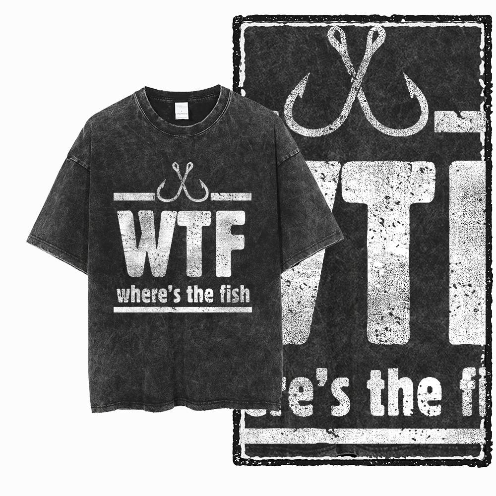 T-shirt Unisexe Imprimé Pêche Coton Noir Lavé Cool Style Streetwear Grande Taille Col Rond