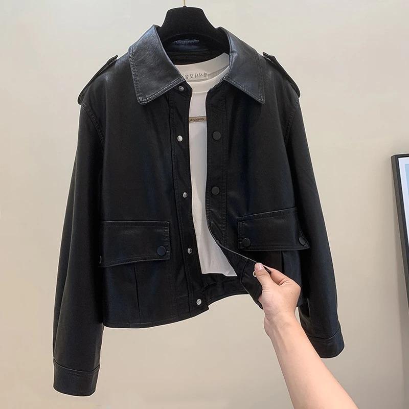 

Женская новая короткая свободная универсальная мотоциклетная кожаная куртка 2025 года, корейская версия, топ из ПУ кожи S бежевый