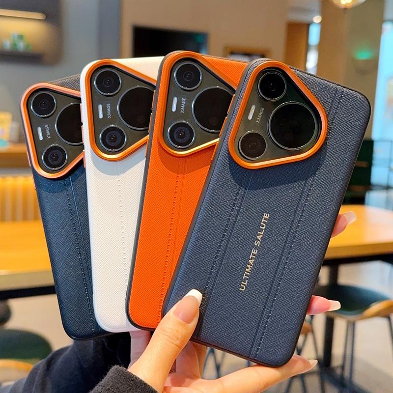 Étui de Conception en Cuir Texture Croisée de Luxe Pour Huawei Pura 80 70 Pro Ultra Mince Anneau de Caméra Orange Étui Housse antichoc