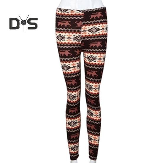 Høst Vinter Leggings Elg Snøfnuggtrykk Skinny Høy midje Stor Elastisitet Rumpe løftet Tykk Varm Myk Jul Langbukser Bunnbukser