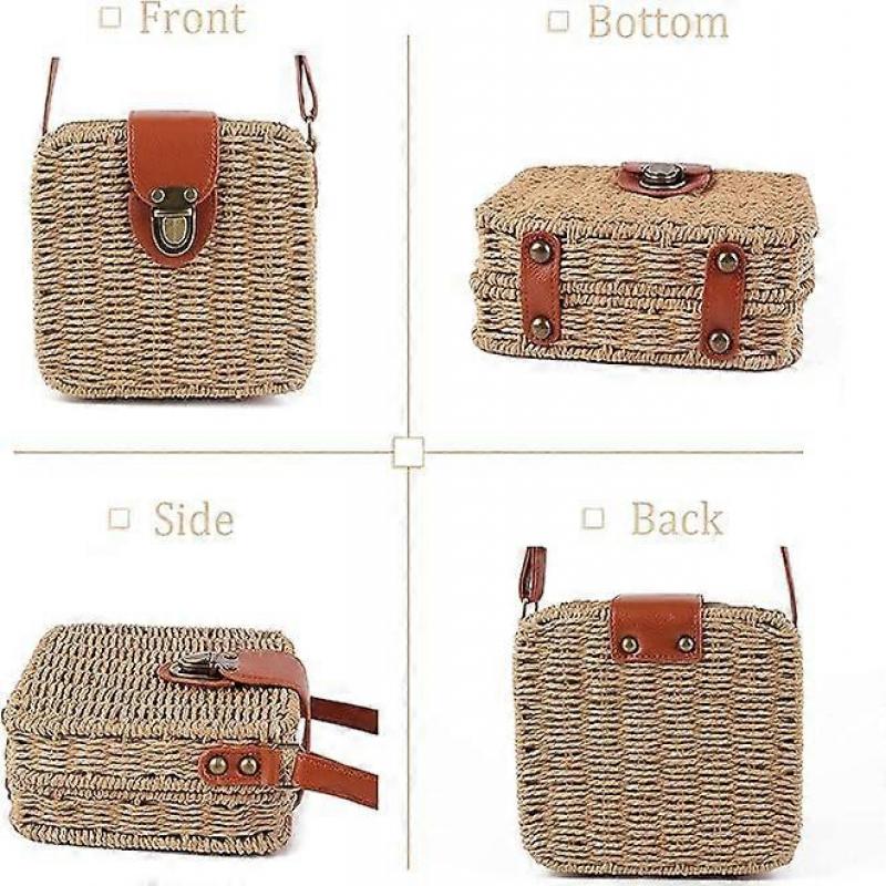 Womens Retro Straw Woven Cross Body Bags Portable Small Box Shoulder Bags Messenger Satchel Brown