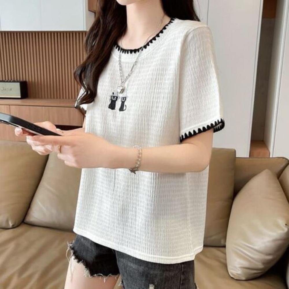 Navava Women S CaT Embroidery Colorblock Round Neck ShorT Sleeve T ShirT nT3327