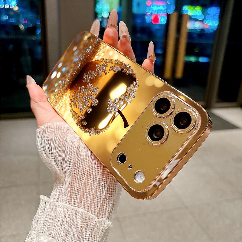 Sparkling Diamond Electroplated Golden Phone Case For iPhone 17Air 17 16 15 14 13 12 11 Pro Max Plus 16E XR 7 8 X Xr Glass Cover